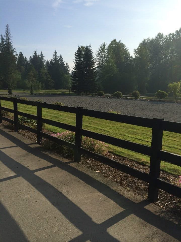 Golden-hour view across the outdoor dressage arena at Off Broadway Farm